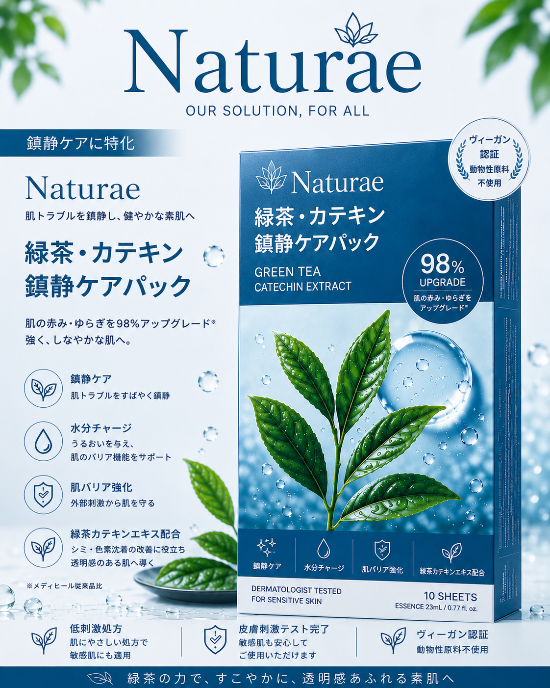 青色を基調とした緑茶・カテキン フェイスパックのパッケージ案