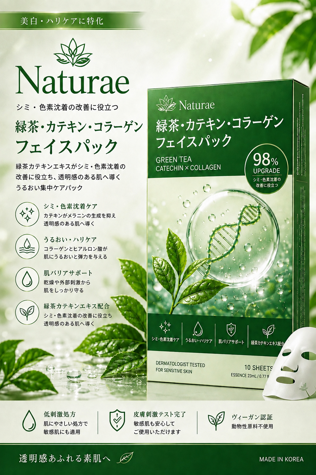 緑色を基調とした緑茶・カテキン フェイスパックのパッケージ案